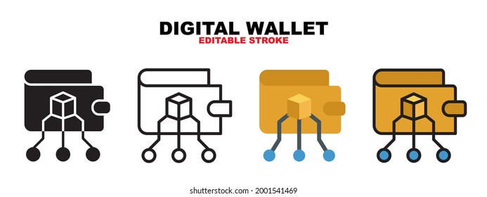 Digital wallet icon set with different styles. Icons designed in filled, outline, flat, glyph and line colored. Editable stroke and pixel perfect. Can be used for web, mobile, ui and more.