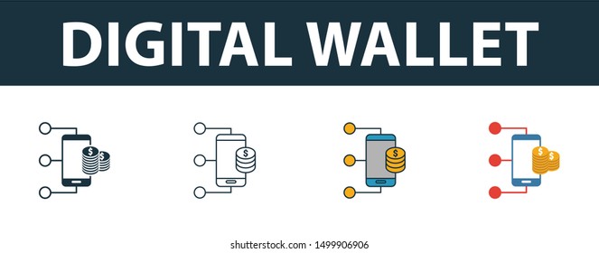 Digital Wallet icon set. Four elements in diferent styles from personal finance icons collection. Creative digital wallet icons filled, outline, colored and flat symbols.