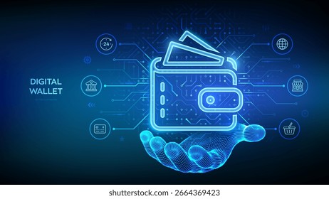 Icono de billetera digital en mano de alambre. Cartera electrónica. Pago online por monedero digital. Aplicación de servicio de banca en línea. Banca móvil, transacciones de dinero, comercio electrónico. Ilustración vectorial.