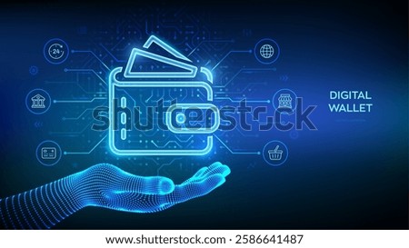 Digital wallet icon in wireframe hand. E-wallet. Online payment by digital wallet. Online banking service application. Mobile banking, money transaction, e-commerce. Vector illustration.