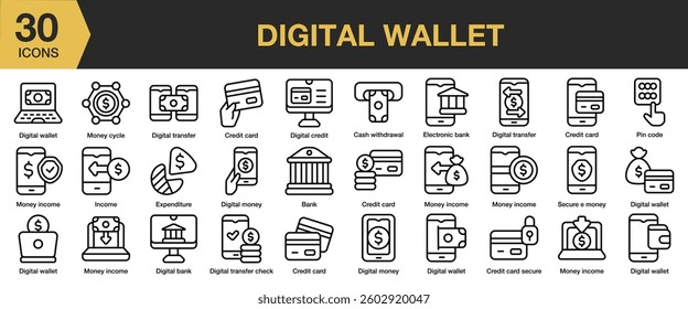 Digital Wallet Icons Collection. Includes smartphone, money, bank, dollar, and More. icons vector collection.