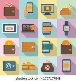 Digital wallet icons set. Flat set of digital wallet vector icons for web design