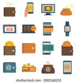 Digital wallet icons set. Flat set of digital wallet vector icons isolated on white background
