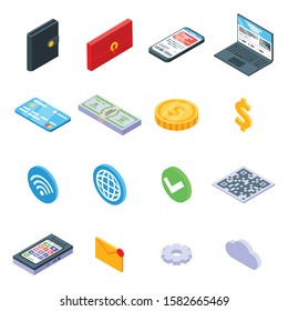 Digital wallet icons set. Isometric set of digital wallet vector icons for web design isolated on white background