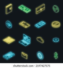 Digital wallet icons set. Isometric set of digital wallet vector icons neon color on black