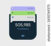 Digital wallet interface. Payment accounts with credit and debit cards. Money app UI. Financial banking dashboard, total cash balance from multiple finance accounts. Fintech design Vector illustration