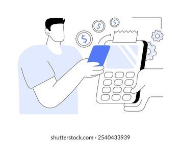 Ilustraciones vectoriales de dibujos animados aislados de la cartera digital. El hombre hace la compra usando el App del smartphone, el sistema de pago de la cartera electrónica, la tecnología moderna de la TI, la historieta del Vector del desarrollo de la aplicación.