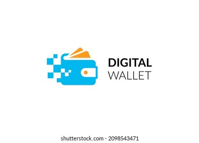 Digital wallet logo design template with pixel effect. Logo concept of credit card, crypto wallet, fast online payment.