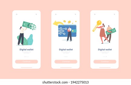 Digital Wallet Mobile App Page Onboard Screen Template. Tiny Male Female Characters Transfer Money via Cashless Paying Platform, Online Payment Transaction Concept. Cartoon People Vector Illustration