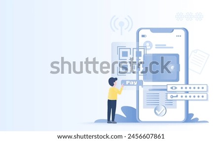 Digital wallet and mobile banking concept. Online payment, easy payment methods, QR code scanning, transferring funds, and currency exchange. Flat vector design illustration with copy space.
