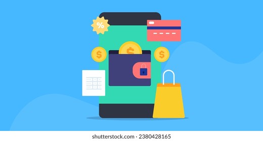 Digital wallet, mobile wallet. fintech app. adding cash to digital wallet, buy, sale with mobile payment app - vector illustration background with icons 