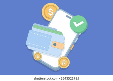 digital wallet and mobile transaction concept. wallet containing cash stored on a smartphone. customizable e-wallet with digital currency. online transaction. design illustration.