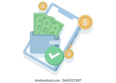 digital wallet and mobile transaction concept. wallet containing cash stored on a smartphone. customizable e-wallet with digital currency. online transaction. design illustration.