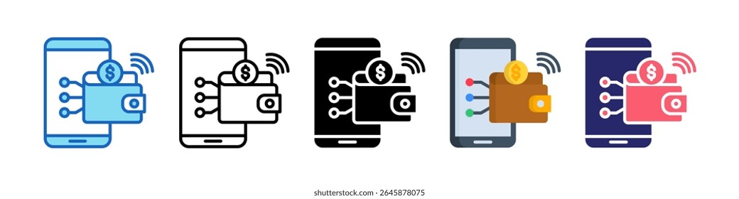 Colección de conjunto de iconos de estilo múltiple de billetera digital.
