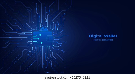 Digital wallet on circuit board. Digital wallet application internet banking. Mobile banking, online finance, e-commerce, money transaction concept. Online payment. Vector illustration.