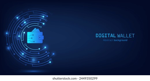 Digital wallet on dark blue circuit background. Digital wallet application internet banking. Mobile banking, online finance, e-commerce, money transaction concept. Online payment. Vector illustration.