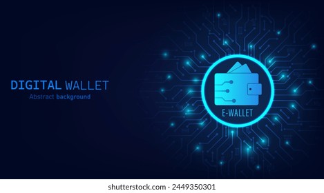 Digital wallet on dark blue circuit background. Digital wallet application internet banking. Mobile banking, online finance, e-commerce, money transaction concept. Online payment. Vector illustration.