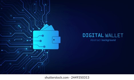 Digital wallet on dark blue circuit background. Digital wallet application internet banking. Mobile banking, online finance, e-commerce, money transaction concept. Online payment. Vector illustration.