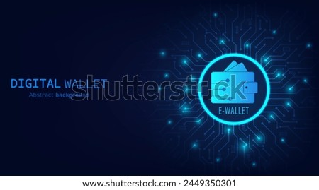 Digital wallet on dark blue circuit background. Digital wallet application internet banking. Mobile banking, online finance, e-commerce, money transaction concept. Online payment. Vector illustration.