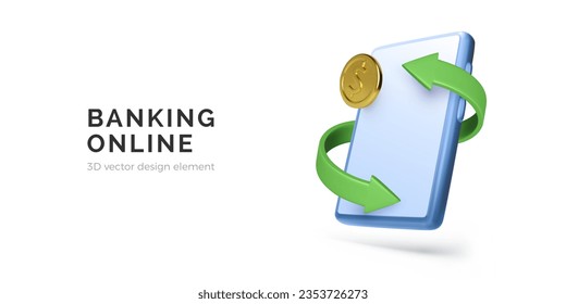 Digital wallet on mobile phone. Banking online app concept. 3D smartphone with arrow and gold coin. Mobile cashback and investment service. Vector illustration