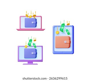 Digital wallet on monitor, laptop and phone. Online money transfer and payment concept. E commerce and blockchain transaction.