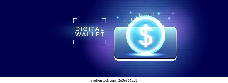 Digital Wallet on smartphone concept. Glowing dollar coin above mobile phone on futuristic neon background. Ideal for fintech, mobile payment, and finance UI.