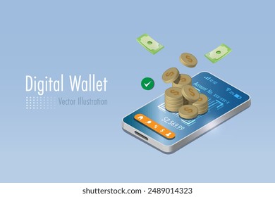 Digital wallet, online electronic bank account. Money gold coins in bank account on smartphone app. Online payment with secure transaction, financial technology. 3D vector.