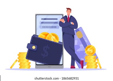 Digital wallet, online payment or mobile banking illustration with smartphone, businessman, card, coins. Electronic money or internet secure payment finance concept. Digital wallet e-commerce clipart