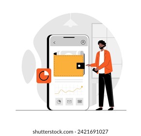 Digital wallet, paying system, electronic wallet, money transfer application. Mobile banking concept. Illustration with people scene in flat design for website and mobile development.	
