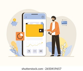 Carteira digital, sistema de pagamento, carteira eletrônica, aplicação de transferência de dinheiro. Conceito de banco móvel. Ilustração de vetor plano.	
