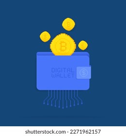 Digital wallet with pixel art microcircuit. Pixel art coins dropping into wallet. Concept of money transactions, money transfers on the Internet. Vector illustration.