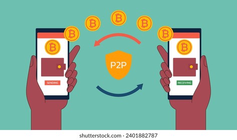 Digital Wallet Progress, Advancing Financial Tech for Peer-to-Peer Mobile Transactions with Bitcoin, Flat Vector Illustration Design