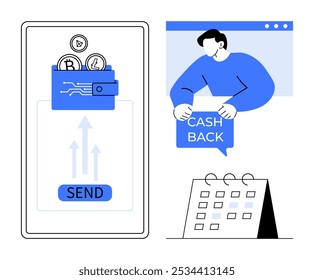 Digital wallet sending cryptocurrency, a person holding a cashback sign, and a calendar. Ideal for finance, cryptocurrency transactions, online payments, cashback promotions, and financial planning