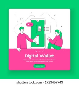 Plantilla de banner cuadrado de cartera digital adecuada para su publicación en una red social. Hombre y mujer transfiriendo dinero y contando finanzas mientras usan un smartphone moderno. Ilustración de estilo plano