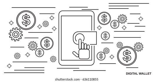 Digital wallet thin line art style vector concept illustration