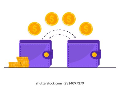 Transacción de cartera digital. Enviar y recibir dinero. Transferencia de dinero desde y hacia la cartera. Flujo de capitales, ganando dinero. Ahorro o economía financieros, pagos bancarios, cambio, transferencia monetaria