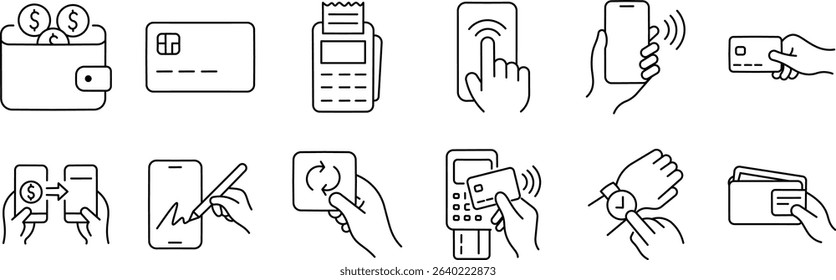 Digital Wallet and Transaction Stroke Icons. With Contactless Tap, POS Machine, and Mobile Scan Icons.