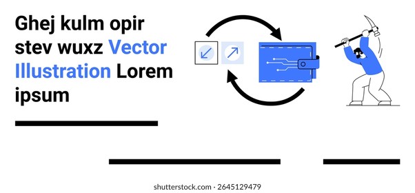 Carteira digital, setas de transferência, ícone pequeno e grande e mineiro de desenho animado em azul. Ideal para fintech, blockchain, criptomoeda, transação on-line, segurança de dados, investimento, start-ups de tecnologia. Aterrissagem