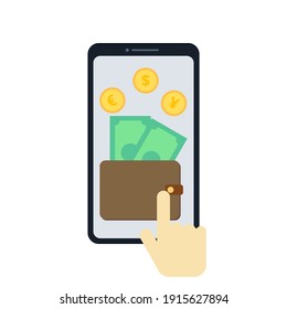 Vector de cartera digital. Concepto financiero y bancario. Pago en línea. Ilustración plana sobre fondo blanco.