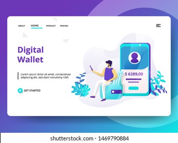 Digital Wallet Vector Illustration concept with male characters. templates for landing pages, development, social media, web, UI, banners, backgrounds, flyers, posters.