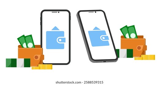 digital wallet vector illustration with mobile phone, money, and coins. Perfect for finance, banking, online payments, e-wallets, fintech, transactions, savings, and secure digital currency concepts.