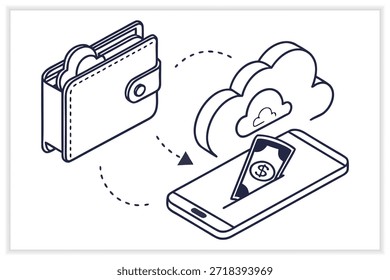 Pago móvil del sistema de Ilustración vectorial de la cartera digital, banca en línea, Fintech, transacción sin efectivo
