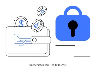 Digital wallet with virtual coins and blue padlock symbol. Ideal for finance, cryptocurrency, digital security, online transactions, and fintech concepts. Minimalist and clean style