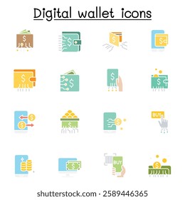 Digital wallets icon set in flat color style