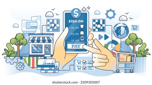 Carteiras digitais para transferência de dinheiro e compras on-line esboço mãos conceito. Aplicação financeira ou bancária para fácil e seguro pagamento sem contato compras ilustração vetorial. Serviço de varejo online