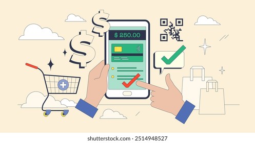 Digitale Geldbörsen und Online-Geldspeicher-System winzigen Neubrutalismus Konzept. Bezahlung für den Kauf mit intelligenten mobilen Zahlungen und virtuelle Kreditkarte, Vektorgrafik. Modernes Banksystem für den Einkauf