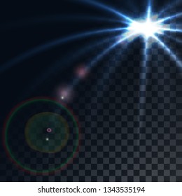 For digital wallpaper design. Vector isolated. Abstract glowing blue line. Bright star. Translucent shine sun, bright flare. White background. Flash light.