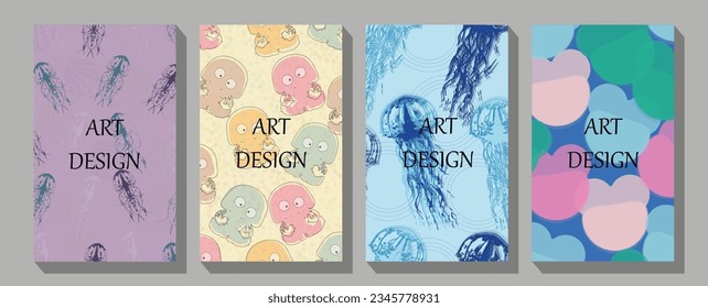 Digital wallpaper for device with cute puffer fish, jellyfish and octopus, user interface design collection Starfish, fish, shell, underwater background. Cute frame, border