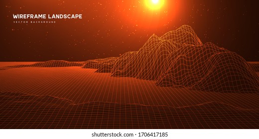 Digital wareframe landscape background with stars and sun on horizon. Abstract cosmic landscape. Big data. 3d futuristic technology vector illustration.