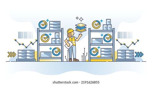 Digital Warehouse For Additive Manufacturing Storage System Outline Concept. Factory Storehouse Room Interior With Shelves And Computer Components Supply Vector Illustration. Smart Center